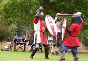 two people wearing medieval helmets and wearing tabards engaged in armored combat